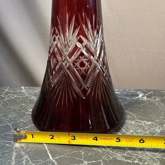 Vintage Bohemian Cranberry to Clear Cut Glass Crystal Decanter with Stopper - Picture 10 of 10